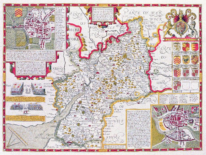 Carte Gloucestershire, gravé par Jodocus Hondius (1563-1612) d'après le « Théâtre de l'Empire de Grande-Bretagne » de John Speed, pub. par John Sudbury et George Humble, 1611-12 