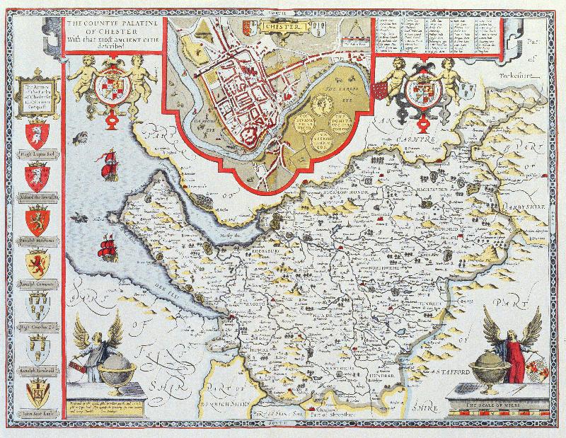 Carte Le comté palatin de Chester, gravé par Jodocus Hondius (1563-1612) à partir du « Théâtre de l'Empire de Grande-Bretagne »