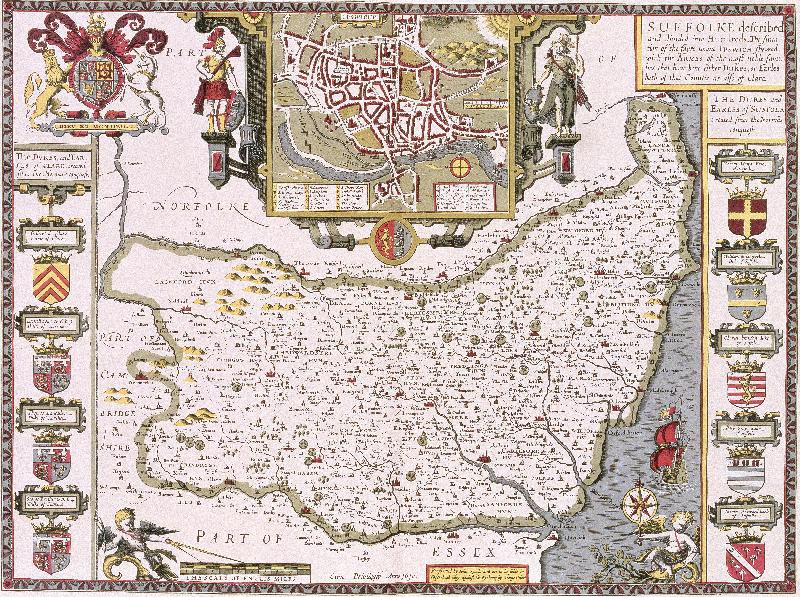 Carte Suffolk et la situation d'Ipswich, gravé par Jodocus Hondius (1563-1612) tiré du « Théâtre de l'Empire de Grande-Bretagne 