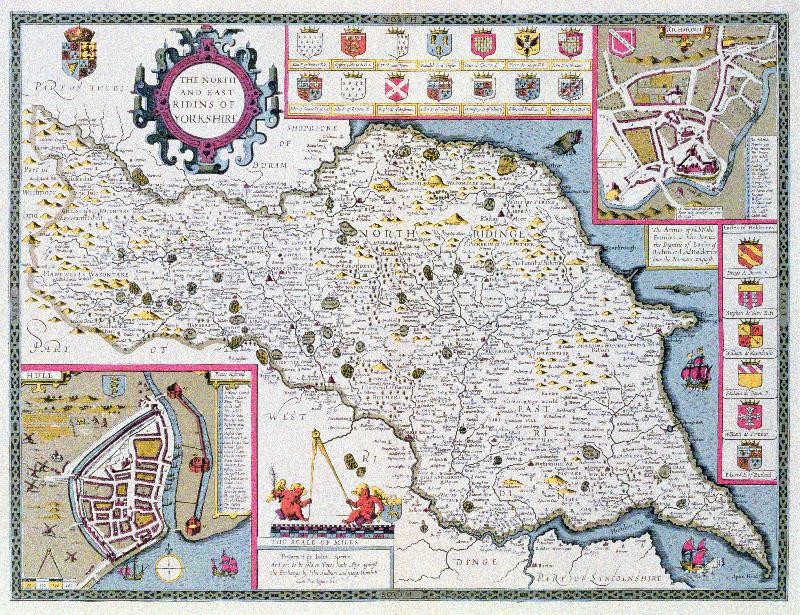 Carte Les circonscriptions nord et est du Yorkshire, gravées par Jodocus Hondius (1563-1612) d'après le « Théâtre de l'Empire de Grande-Bretagne »