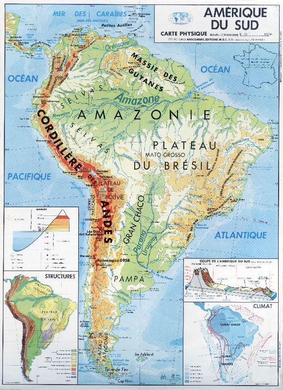 Carte scolaire Amérique du sud en 1971 : carte physique