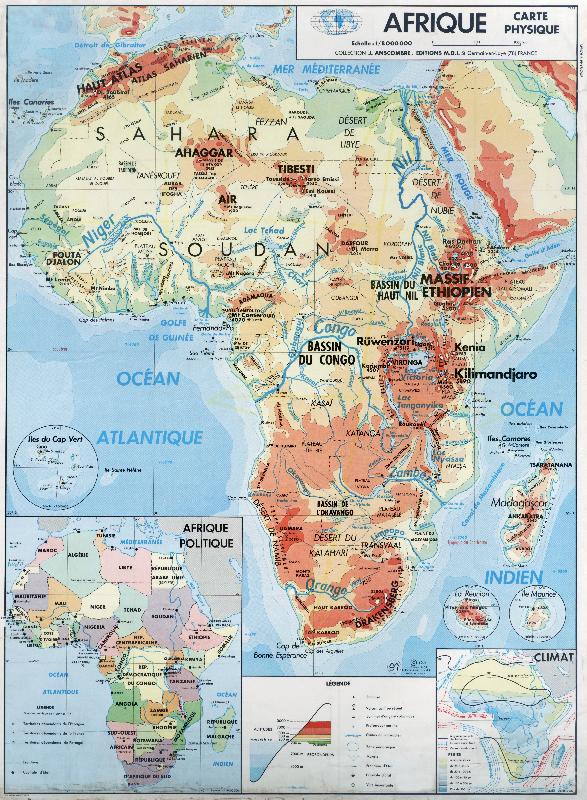 Carte scolaire  Afrique en 1971 : carte physique