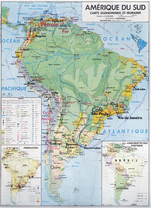 Carte scolaire Amérique du sud en 1971 : carte économique et humaine