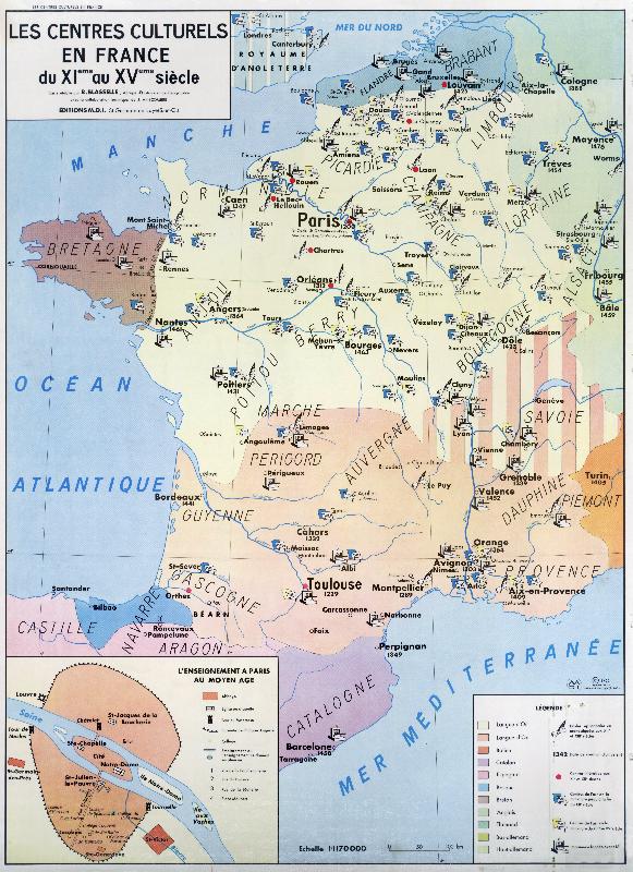 Carte scolaire Les centres culturels en France du XIeme au XVeme siècle de 1965