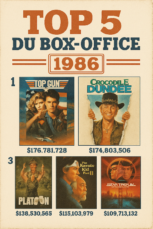 Affiche style vintage Top 5 box office 1986 (top gun, crocodile dundee, platoon, karate kid, star trek)