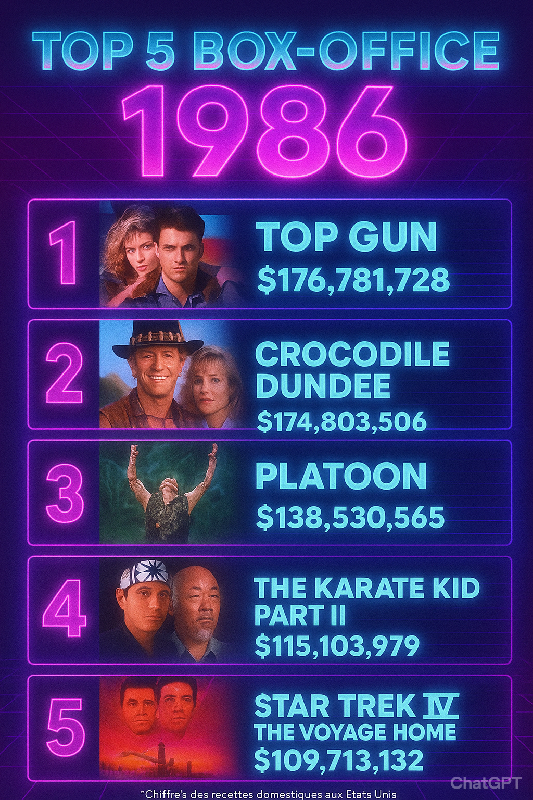 Affiche Top 5 box office 1986 (top gun, crocodile dundee, platoon, karate kid, star trek)