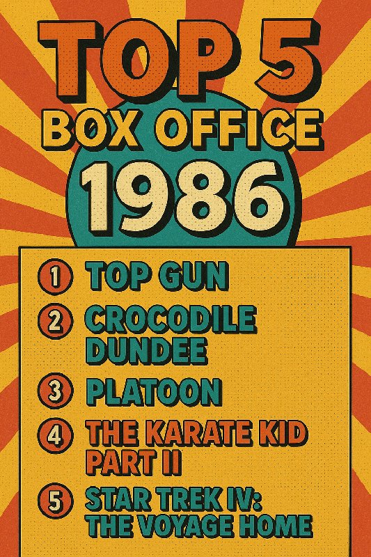 Affiche style pop retro Top 5 box office 1986 (top gun, crocodile dundee, platoon, karate kid, star trek)