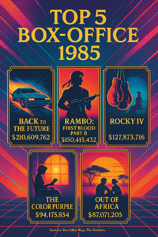 Affiche style pop retro Top 5 box office 1986 (rambo, retour vers le futru, rocky, out of africa, the color purple)