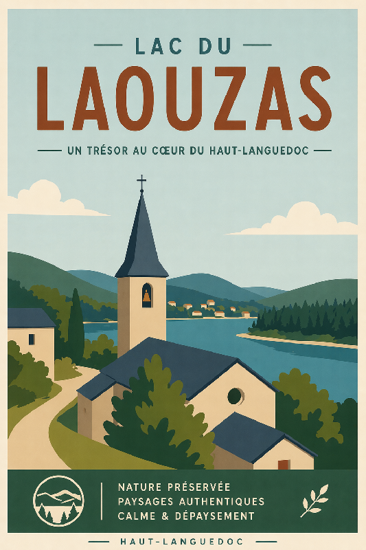 Affiche illustrée style moderne du lac du Laouzas dans le Tarn