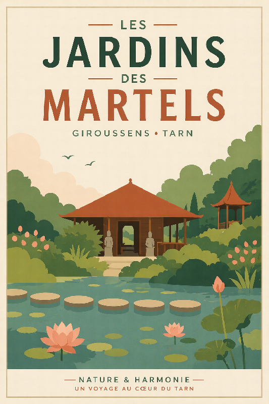 Affiche illustrée style moderne des jardins de Martels dans le Tarn
