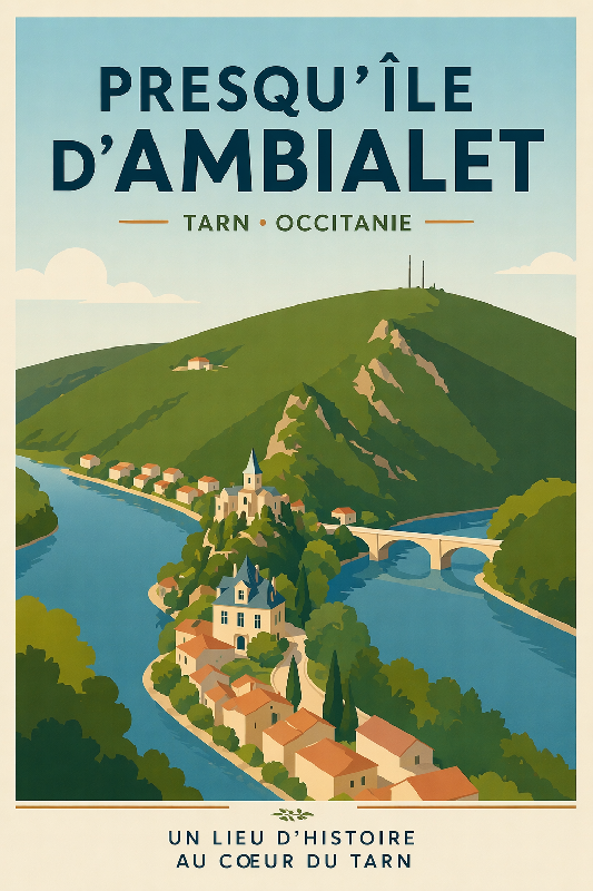 Affiche illustrée style moderne de la presqu'ile d'Ambialet dans le Tarn