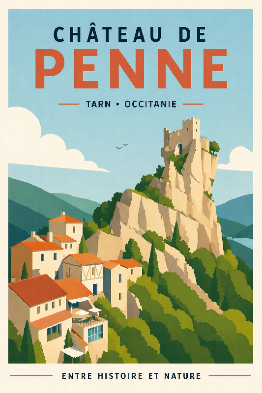 Affiche illustrée style moderne du chateau de Penne dans le Tarn