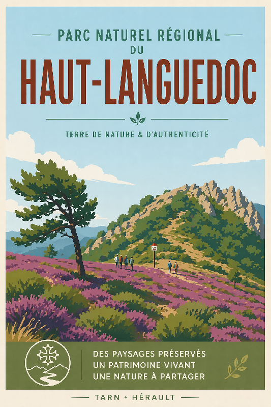 Affiche illustrée style moderne du parc régional du haut languedoc dans le Tarn