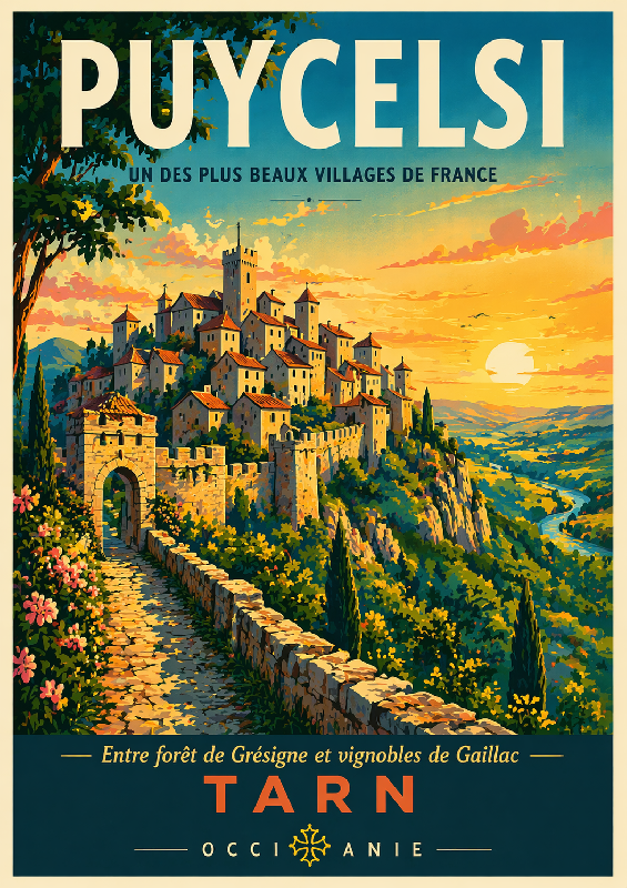 Affiche illustrée style ancien de Puycelsi dans le Tarn