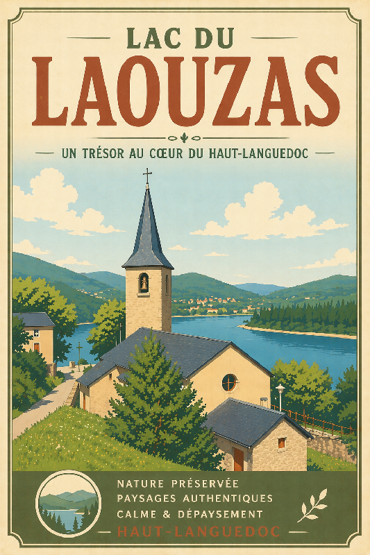 Affiche illustrée style ancien du lac du Laouzas dans le Tarn