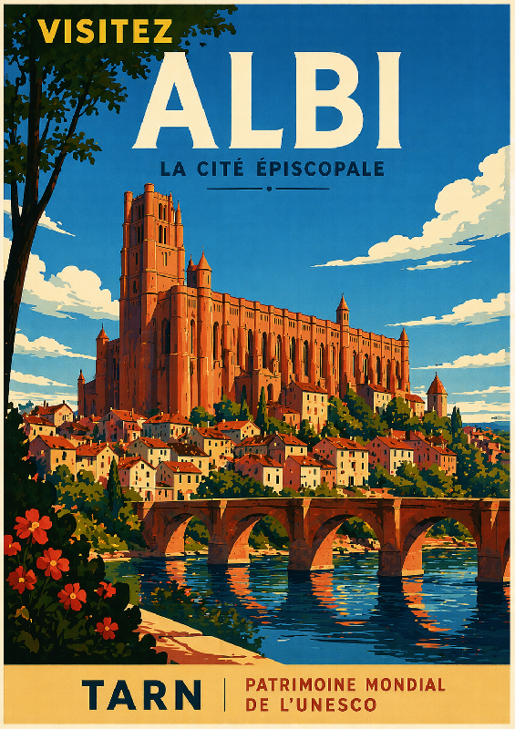 Affiche illustrée style ancien d'Albi dans le Tarn