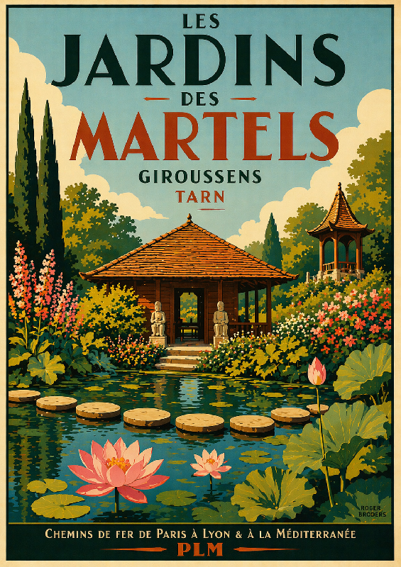 Affiche illustrée style ancien des jardins du Martel dans le Tarn