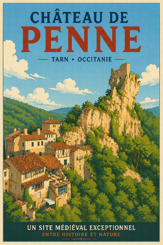 Affiche illustrée style ancien du chateau de Penne dans le Tarn