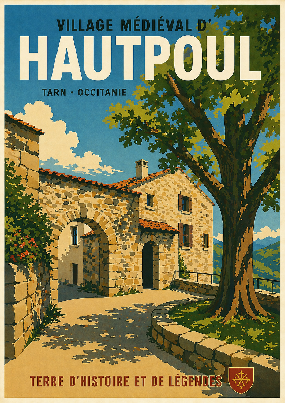 Affiche illustrée style ancien de Hautpoul dans le Tarn