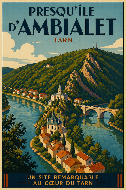 Affiche illustrée style ancien de la presqu'ile d'Ambialet dans le Tarn