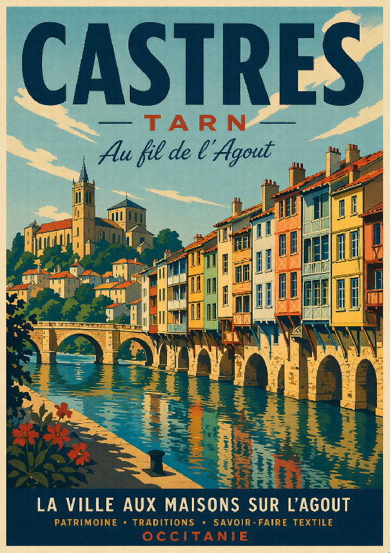 Affiche illsutrée style ancien de Castres dans le Tarn