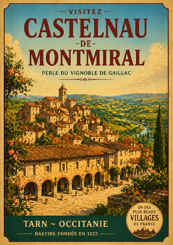Affiche illustrée style ancien de Castelnau de Montmirail dans le Tarn