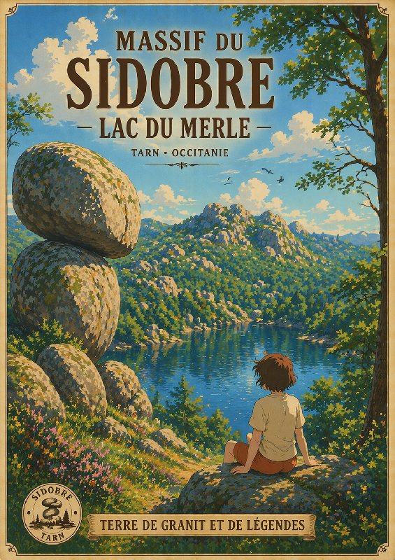 Affiche style Ghibli du massif du Sidobre dans le Tarn