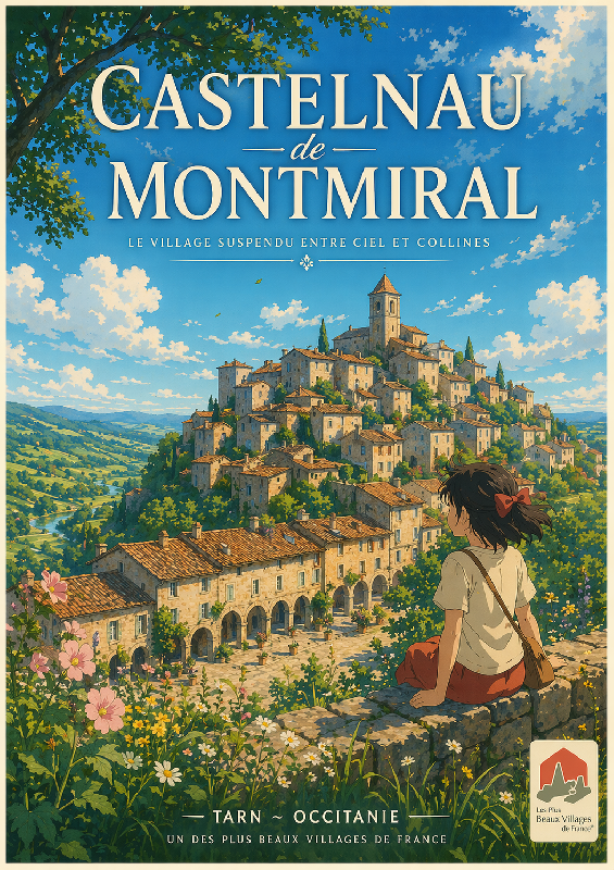 Affiche style Ghibli du massif de Castelnau de Montmirail dans le Tarn
