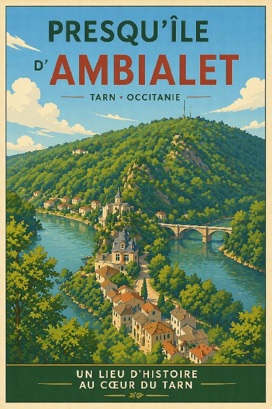 Affiche style ghibli d'Ambialet dans le Tarn
