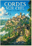 Affiche illustrée style ghibli de Cordes sur ciel dans le Tarn