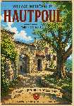 Affiche illustrée style ghibli du village de Hautpoul dans le Tarn