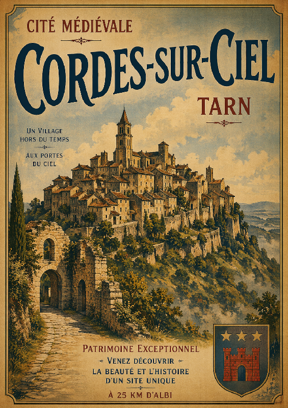 Affiche style ancien coloré de Cordes sur Ciel dans le Tarn