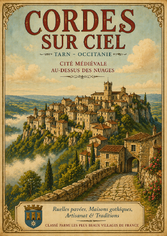 affiche style ancien coloré de Cordes sur ciel dans le Tarn