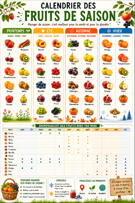 Affiche calendrier des fruits de saison portrait