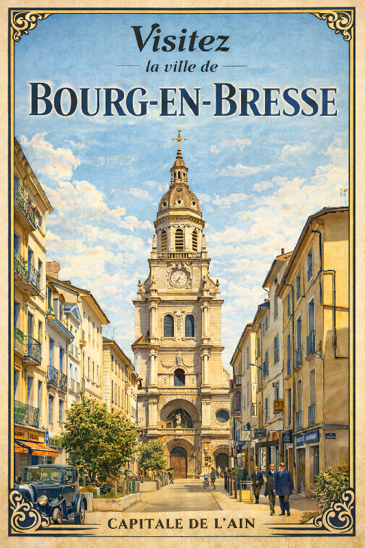 Affiche illustration ville bourg en bresse colore ancien