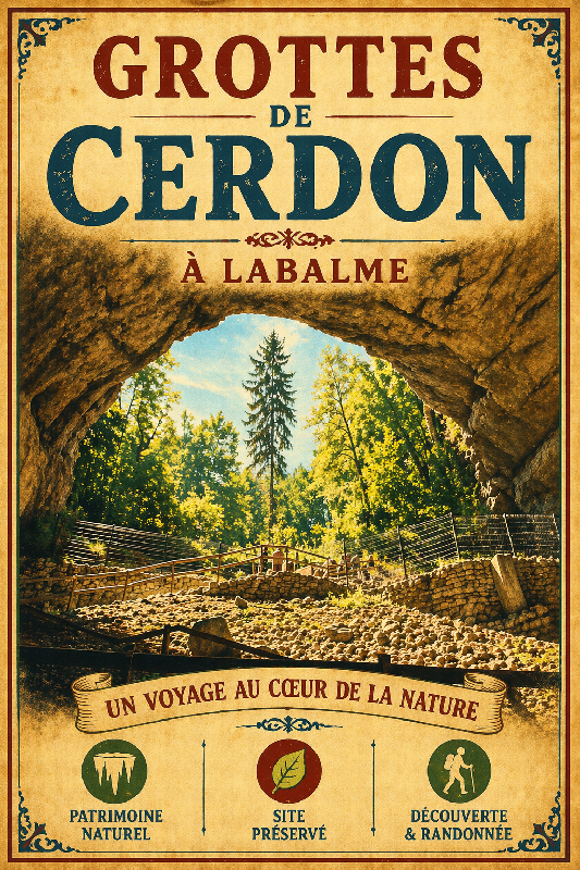 Affiche illustration grotte de cerdon à labalme ancien colore