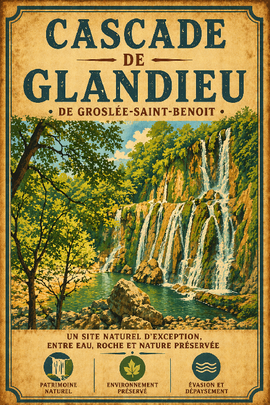 Affiche illustration Cascade de Glandieu de Groslée-Saint-Benoit ancien colore