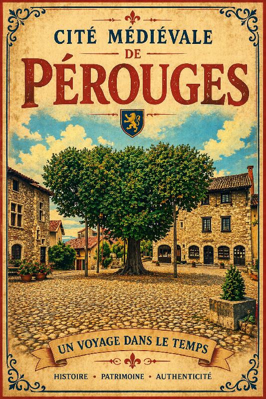 Affiche illustration cite medievale de pérouges coloré ancien