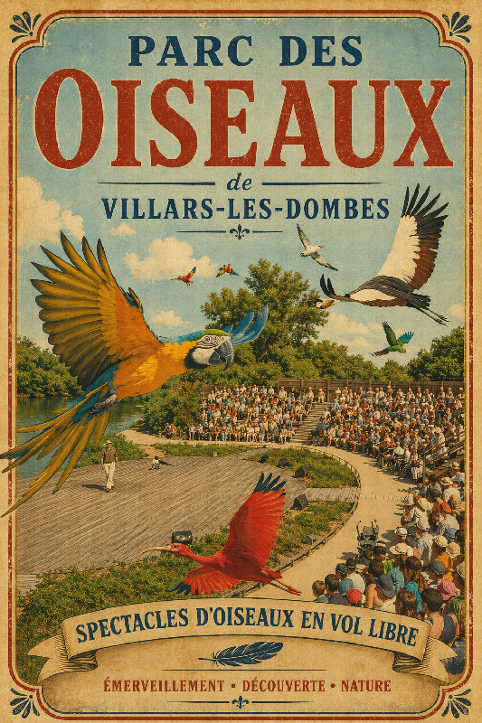 Affiche illustrationparc des oiseaux de villars-les-dombes ancien colore