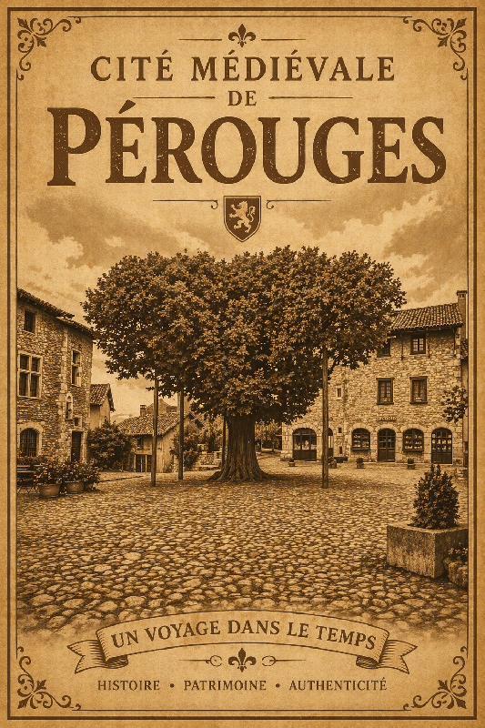 Affiche illustration cite medievale de Pérouges Sépia