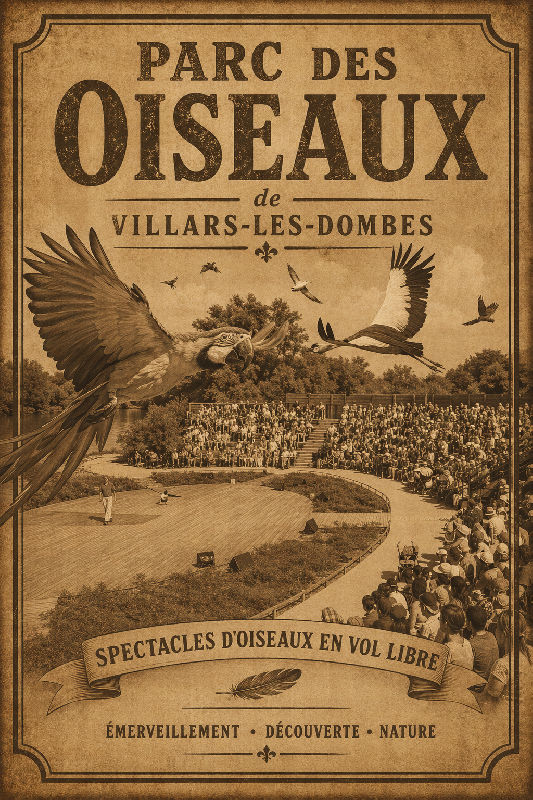 Affiche illustration parc des oiseaux de villars-les-dombes sepia
