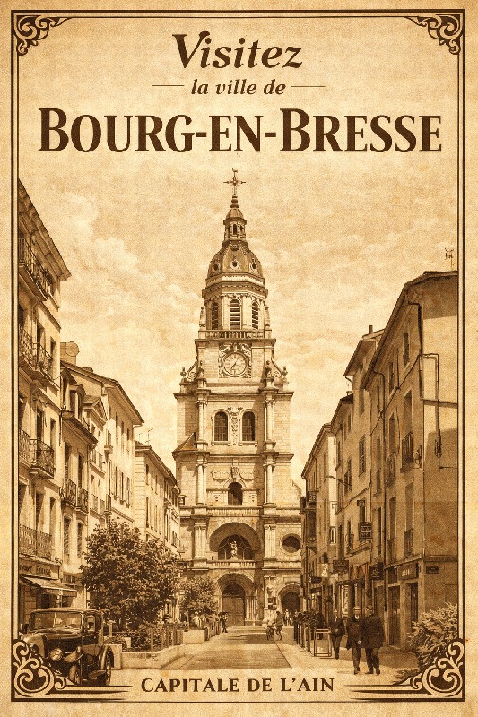 Affiche illustration ville bourg en bresse sepia