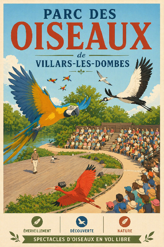 Affiche illustration parc des oiseaux de villars-les-dombes ghibli