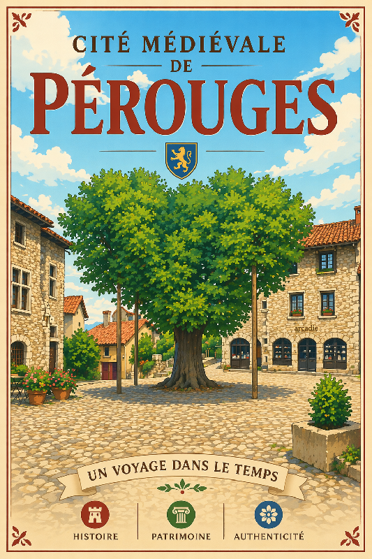 Affiche illustration cite medievale de pérouges ghibli