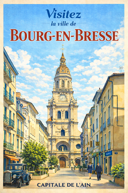 Affiche illustration ville bourg en bresse ghibli