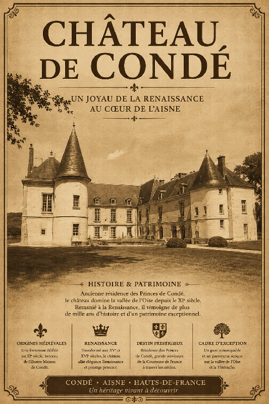 Affiche illustrée du chateau de Condé dans un style ancien sépia