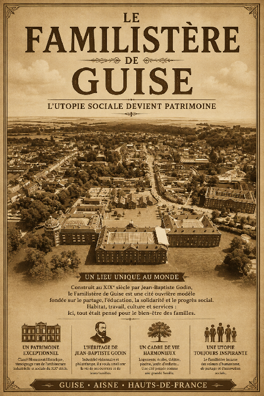 Affiche illustrée familistère de Guise dans un style ancien sépia