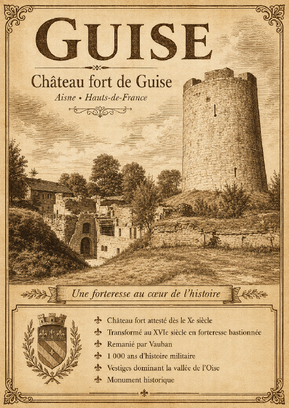 Affiche illustrée du chateau de guise dans un style ancien sépia