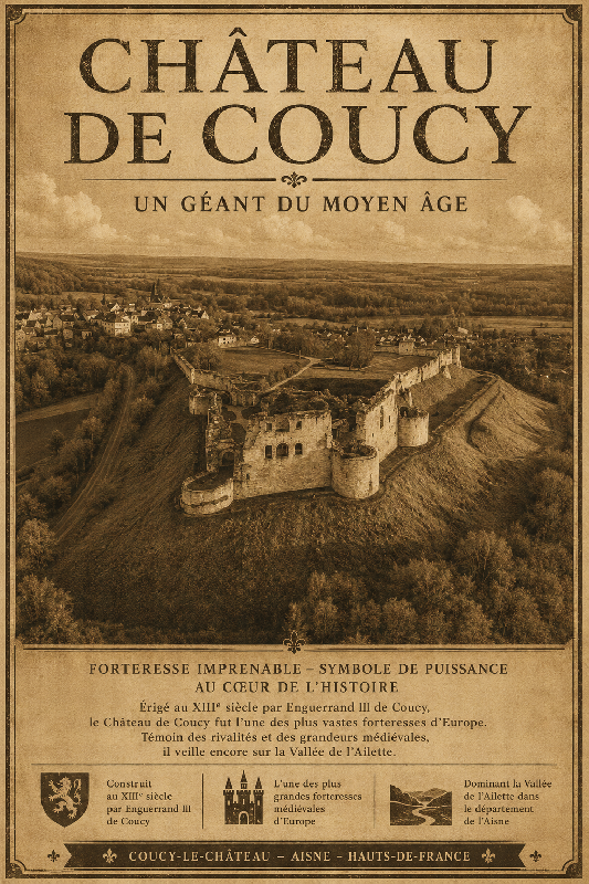 Affiche illustrée du chateau de Coucy dans un style ancien sépia