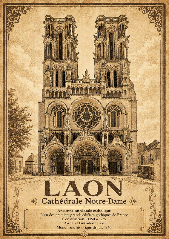 Affiche illustrée de la Cathédrale notre Dame de Laon dans un style ancien sépia